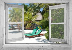95x130 cm Openslaand wit venster: Caribische ligstoelen