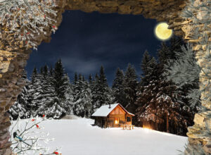 winter poster gat in rots - Blokhut in maanlicht