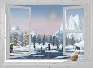 winter poster spelende pinguins -wit venster
