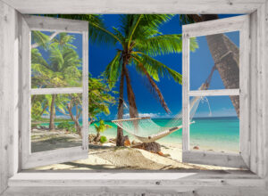 95x130 cm Openslaand venster: Hangmat op tropisch strand