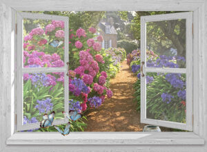 Openslaand venster: Hortensia's met vlinders